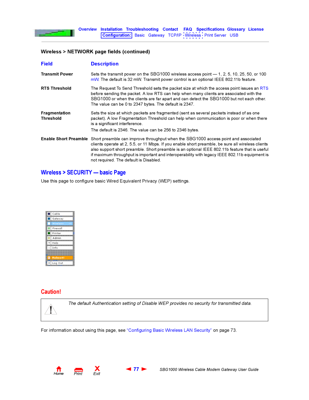 Iomega SBG1000 manual Wireless Security basic, Transmit Power, Fragmentation, Threshold 