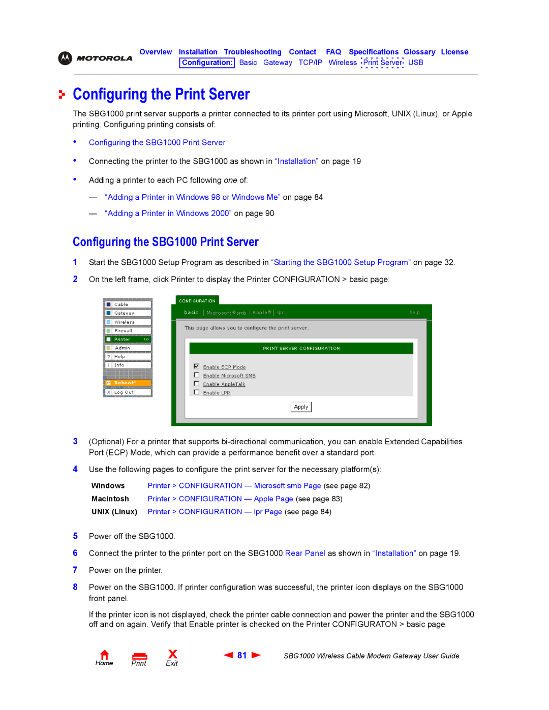 Iomega manual Configuring the Print Server, Configuring the SBG1000 Print Server 