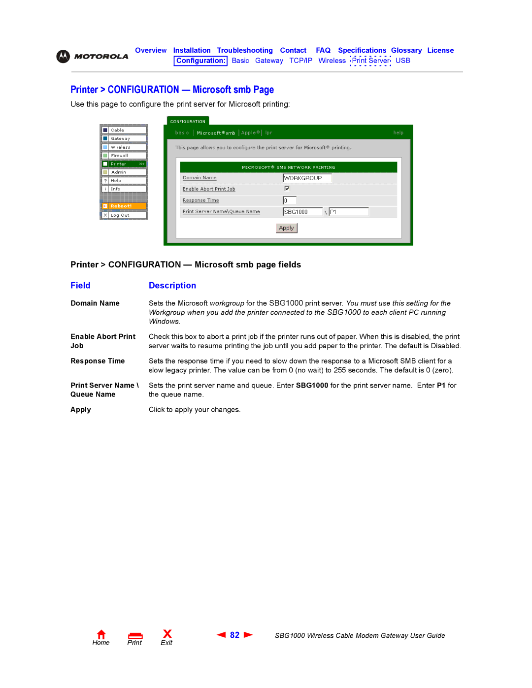 Iomega SBG1000 manual Printer Configuration Microsoft smb, Enable Abort Print, Job, Response Time 