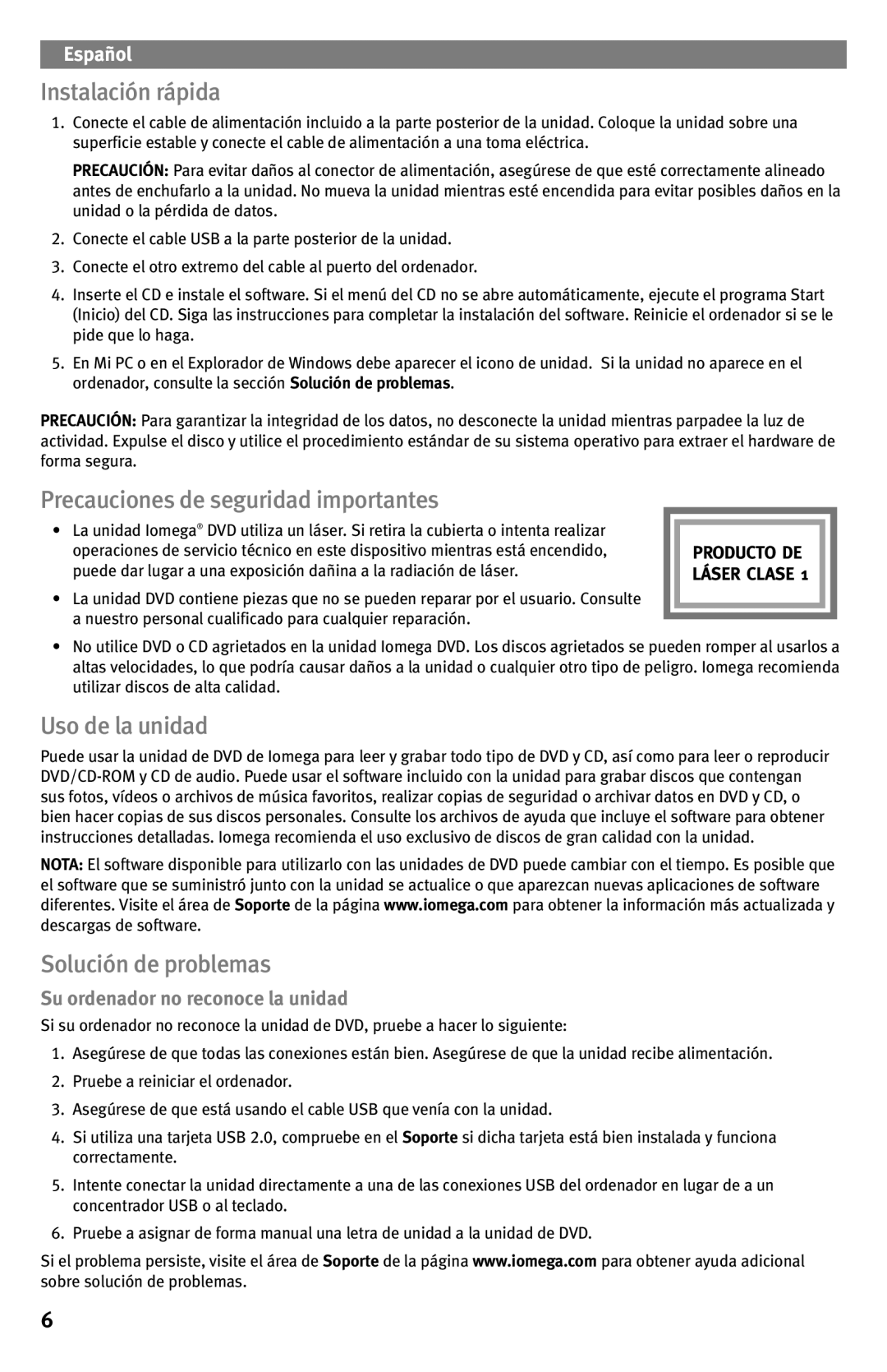 Iomega Super DVD Writer Instalación rápida, Precauciones de seguridad importantes, Uso de la unidad, Solución de problemas 