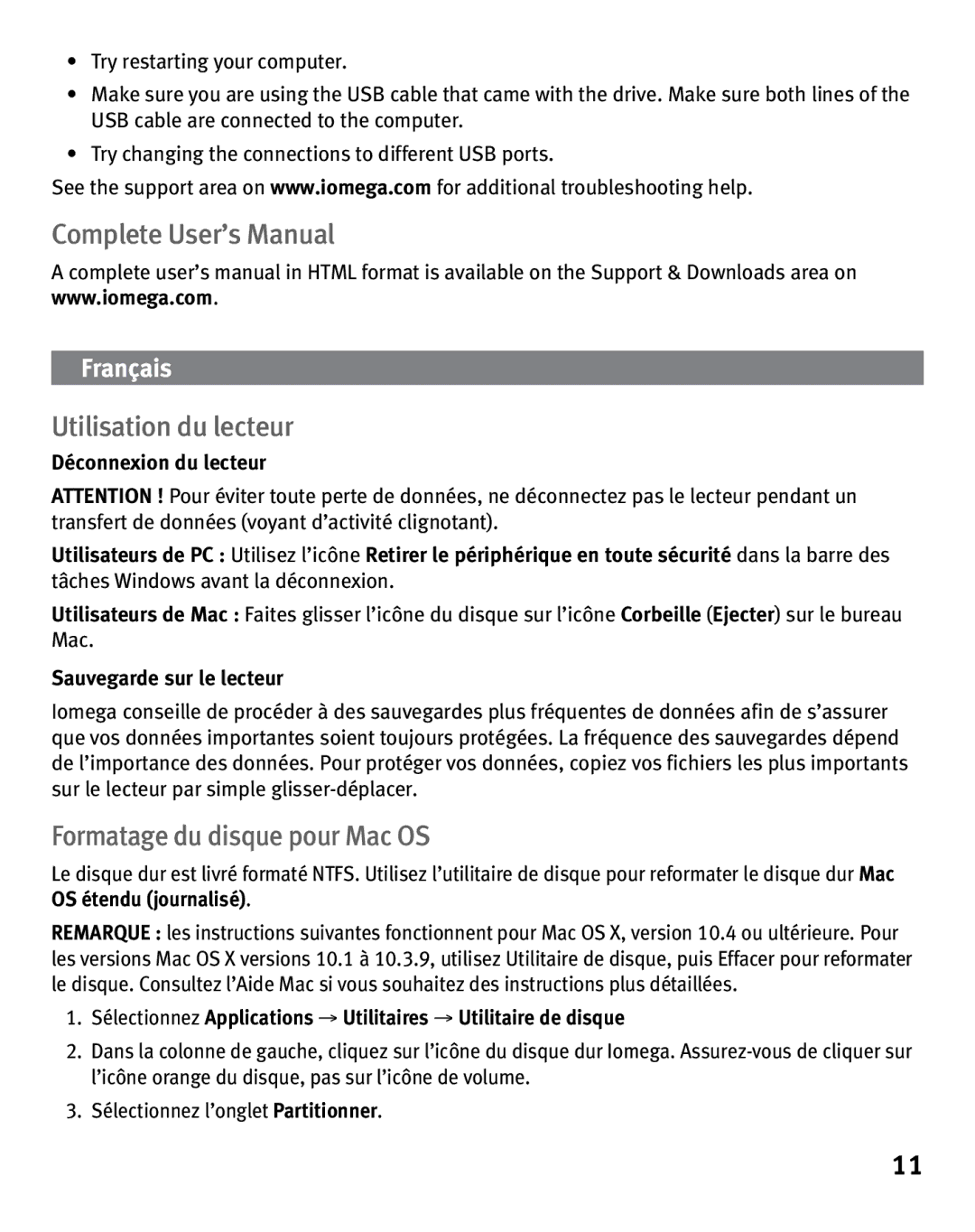 Iomega USB 2.0 Complete User’s Manual Utilisation du lecteur, Formatage du disque pour Mac OS, Sauvegarde sur le lecteur 