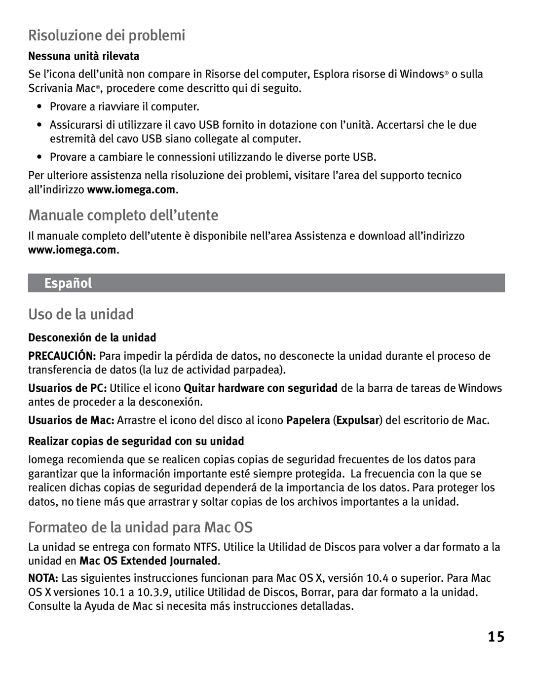 Iomega USB 2.0 Risoluzione dei problemi, Manuale completo dell’utente Uso de la unidad, Formateo de la unidad para Mac OS 