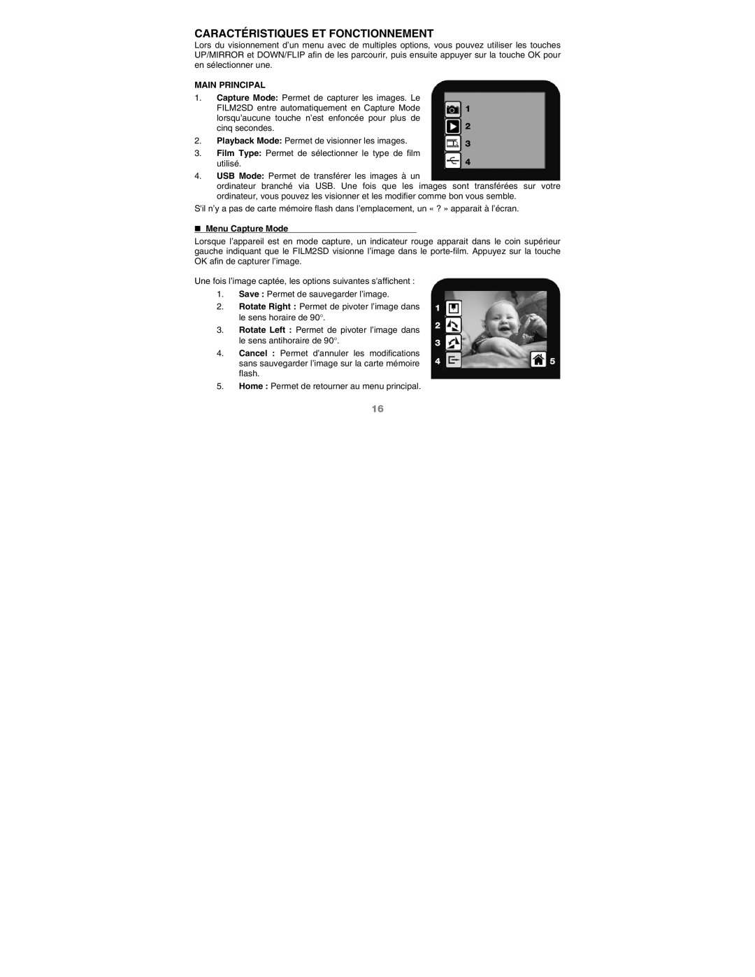 ION 2 SD quick start Caractéristiques ET Fonctionnement, Main Principal, Utilisé, „ Menu Capture Mode 