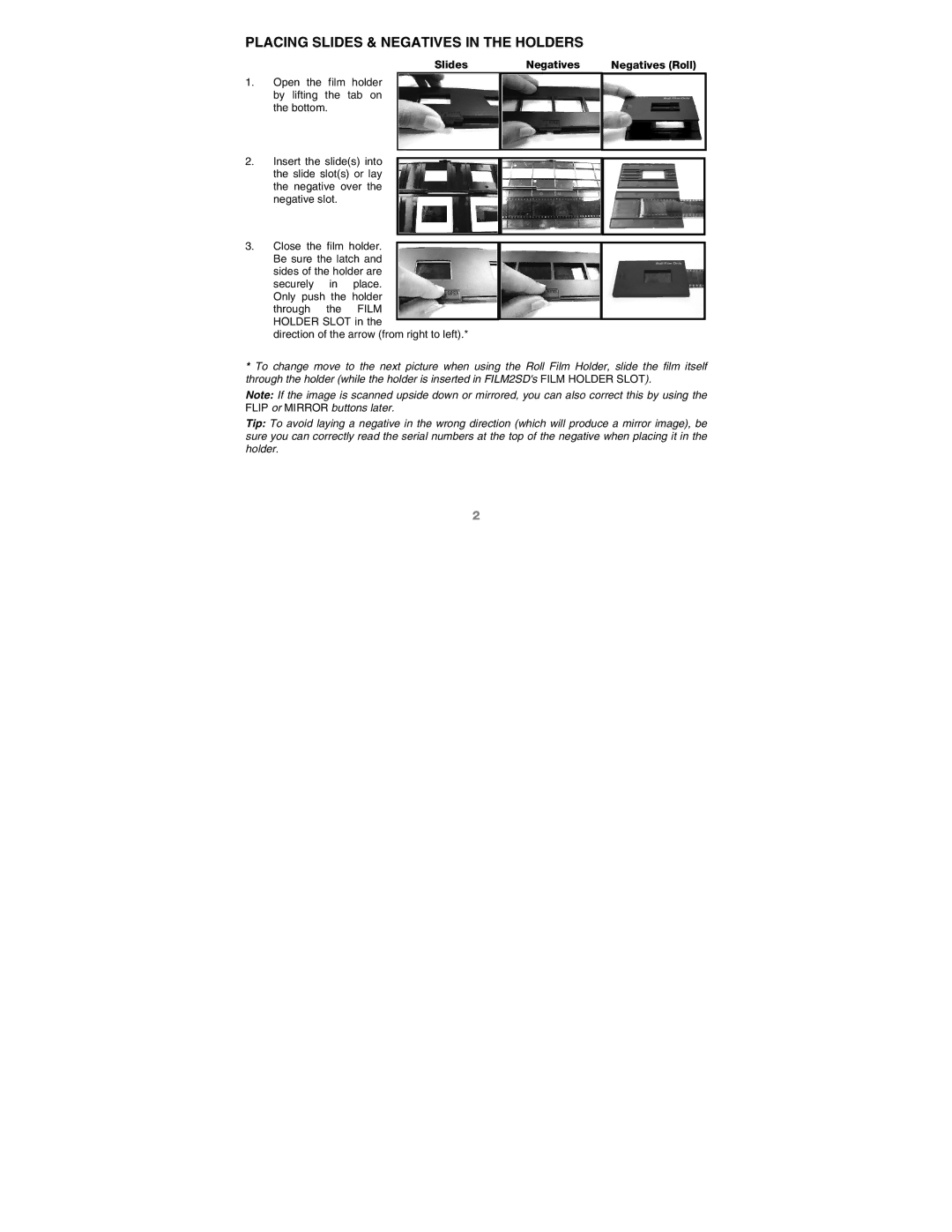 ION 2 SD quick start Placing Slides & Negatives in the Holders, Slides Negatives Negatives Roll 