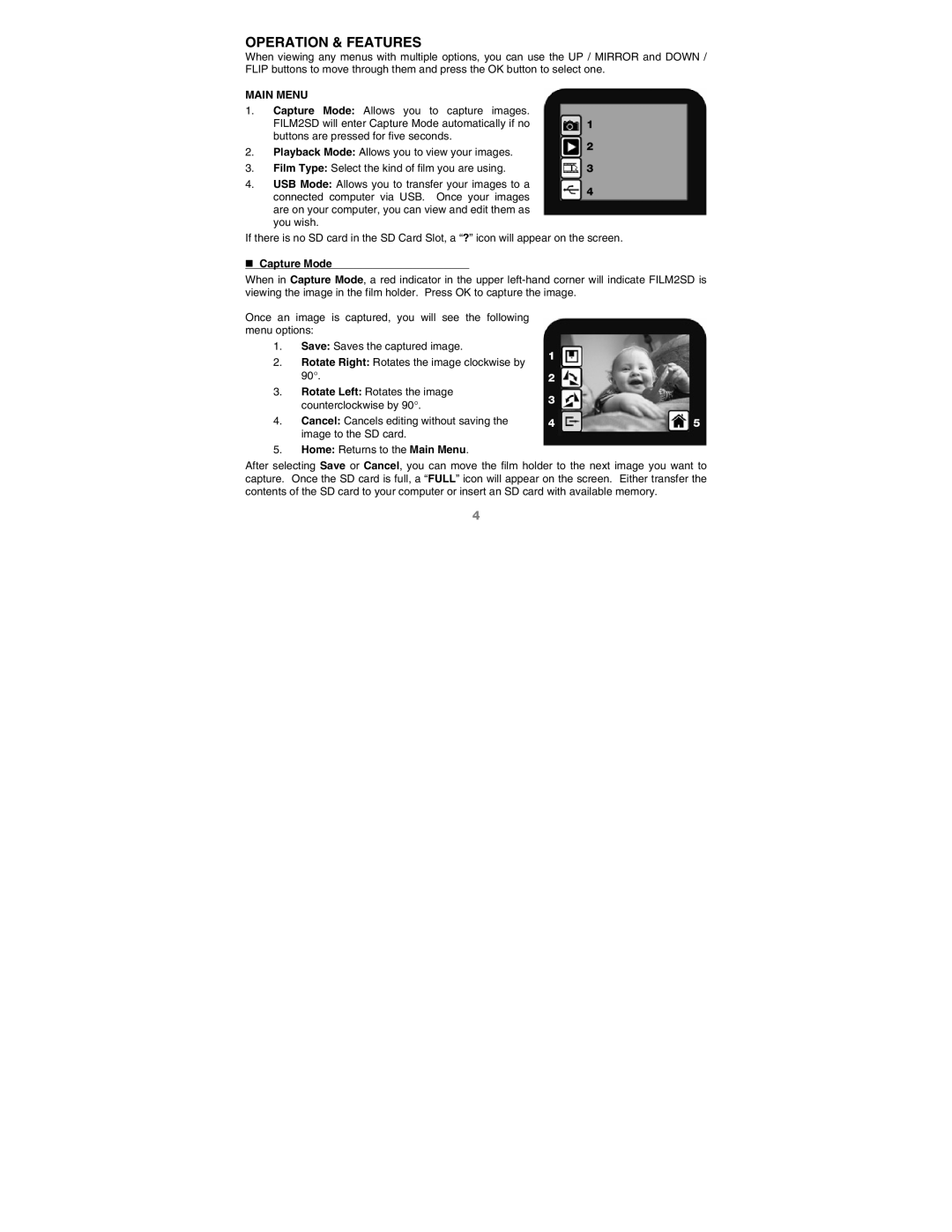 ION 2 SD quick start Operation & Features, Main Menu, „ Capture Mode 