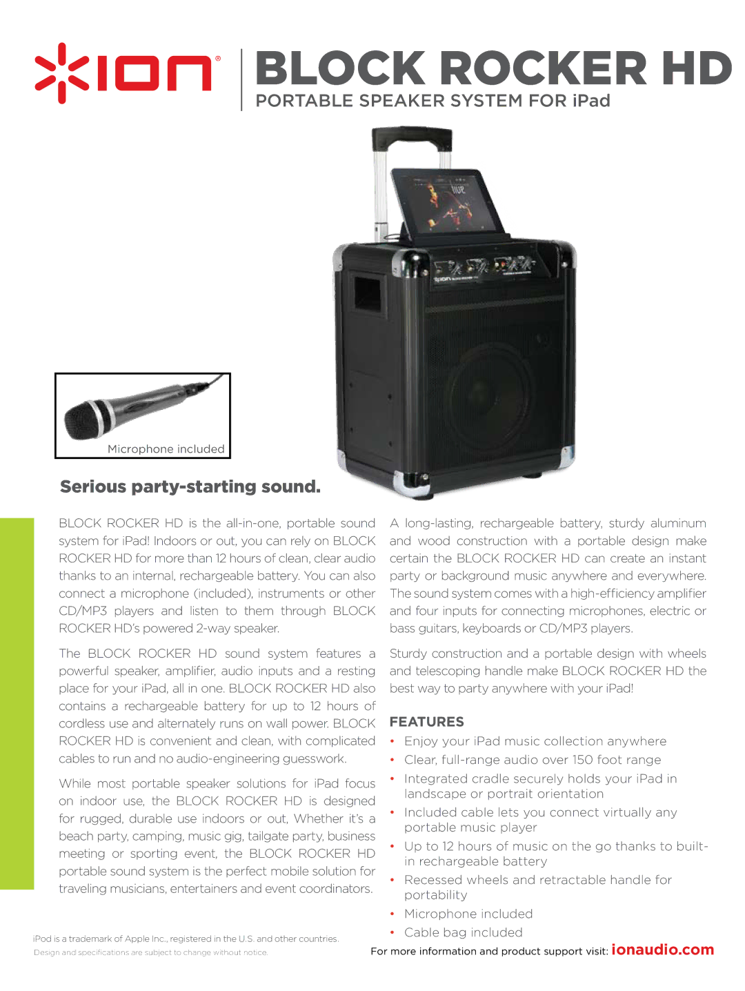 ION BLOCK ROCKER HD specifications Block Rocker HD, Serious party-starting sound, Features, Cable bag included 