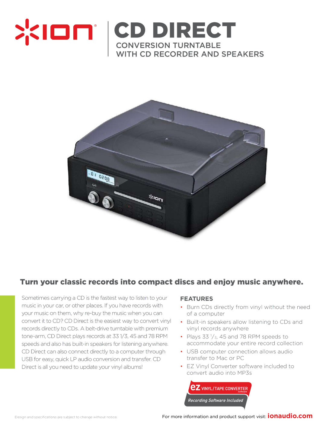 ION CD DIRECT specifications CD Direct, Features 