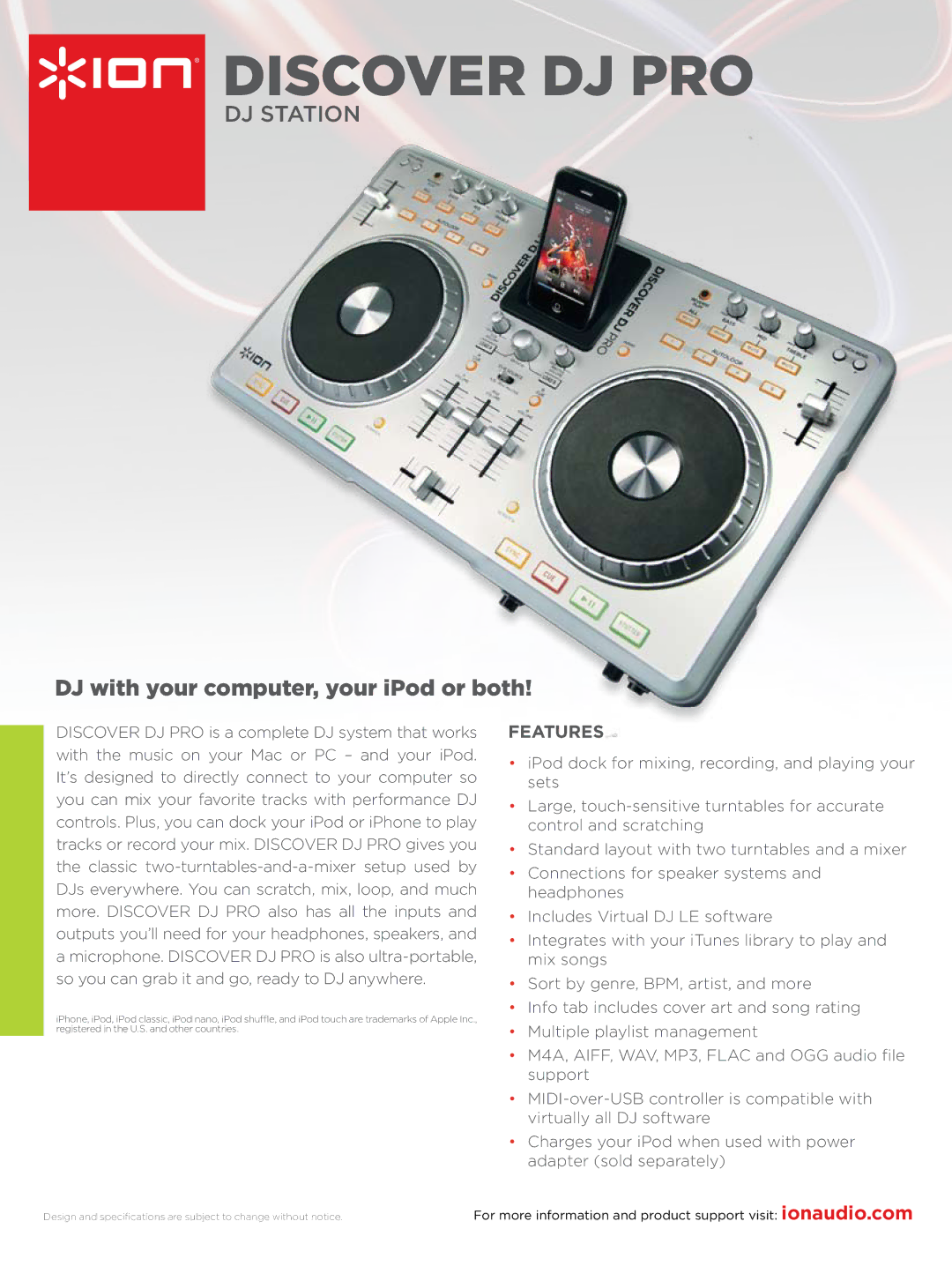 ION DISCOVER DJ PRO specifications Discover DJ PRO, DJ with your computer, your iPod or both, Features 