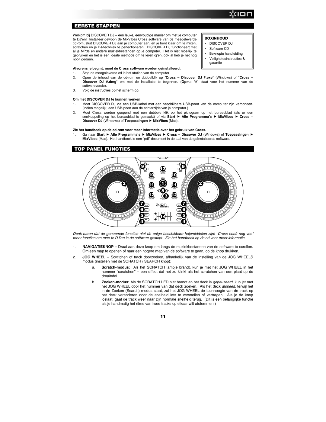 ION DISCOVER DJ quick start TOP Panel Functies 