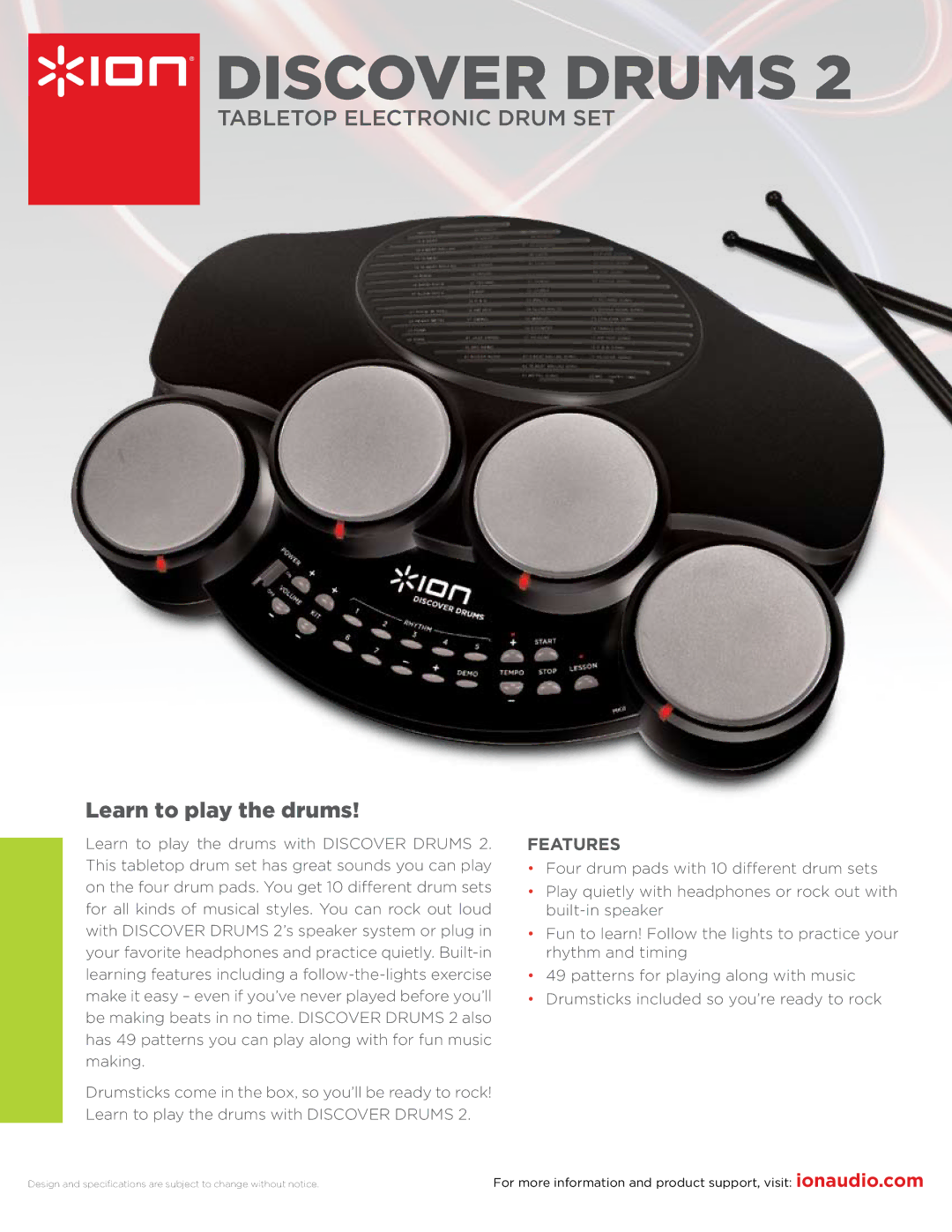 ION DISCOVER DRUMS 2 specifications Discover Drums, Learn to play the drums, Features 