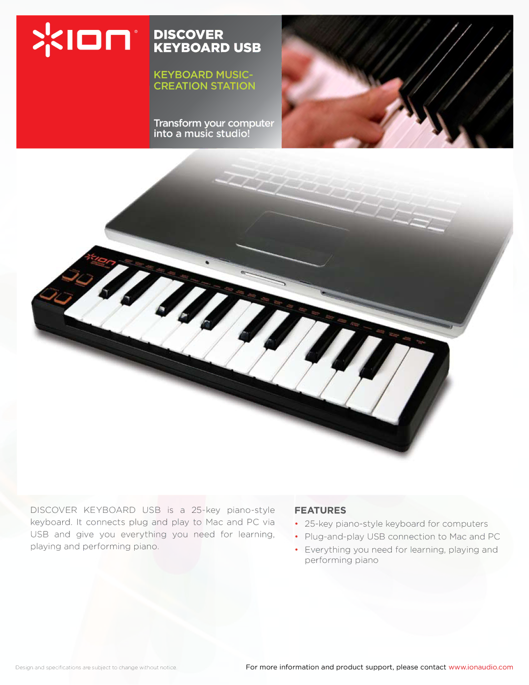 ION DISCOVER KEYBOARD USB specifications Discover Keyboard USB, Keyboard MUSIC- Creation Station, Features 