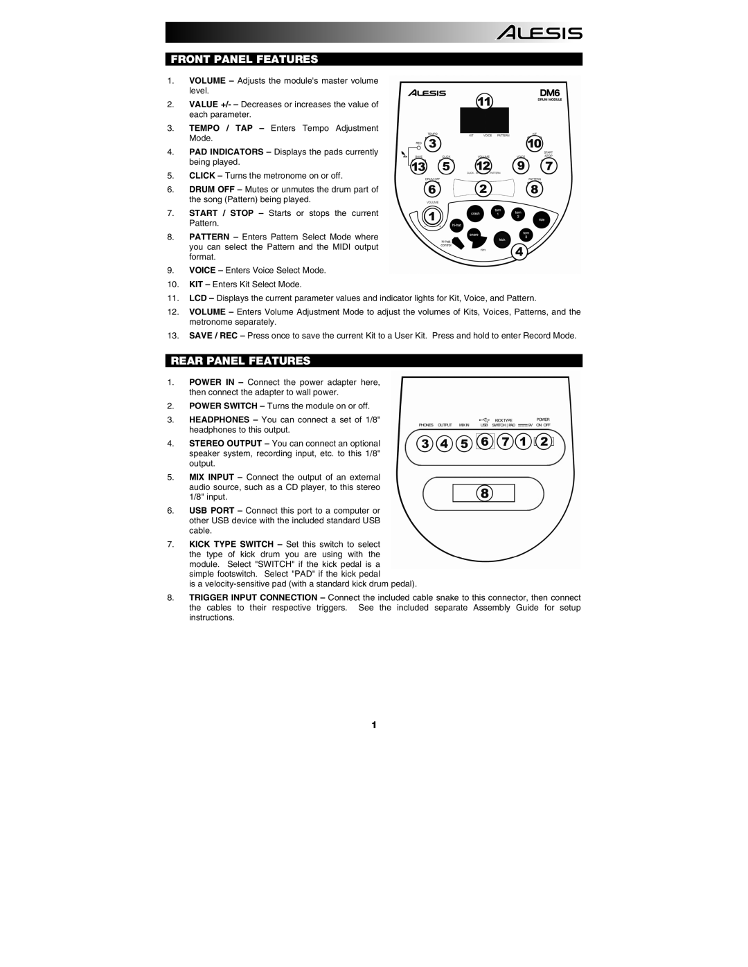 ION DM6 manual Front Panel Features, Rear Panel Features 