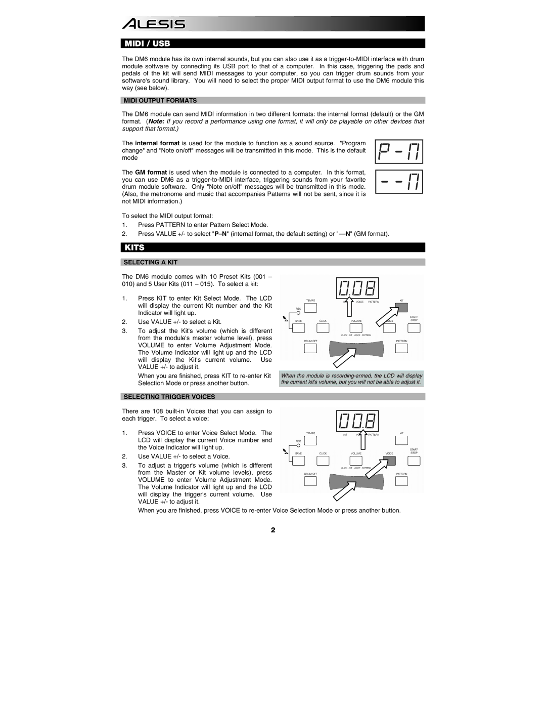 ION DM6 manual Midi / USB, Kits, Midi Output Formats, Selecting a KIT, Selecting Trigger Voices 