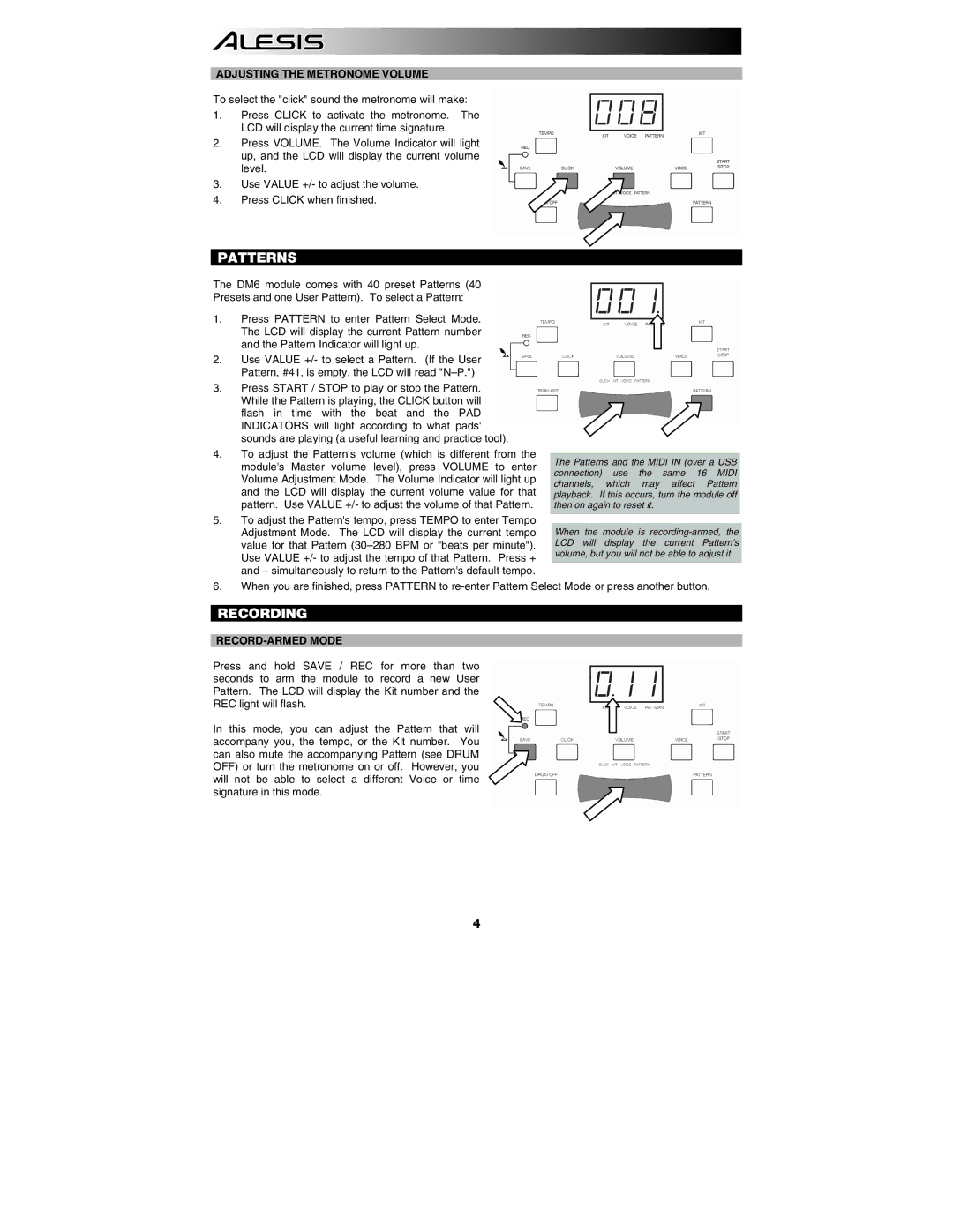 ION DM6 manual Patterns, Recording, Adjusting the Metronome Volume, RECORD-ARMED Mode 