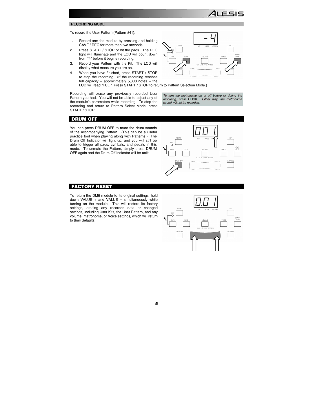 ION DM6 manual Drum OFF, Factory Reset, Recording Mode 