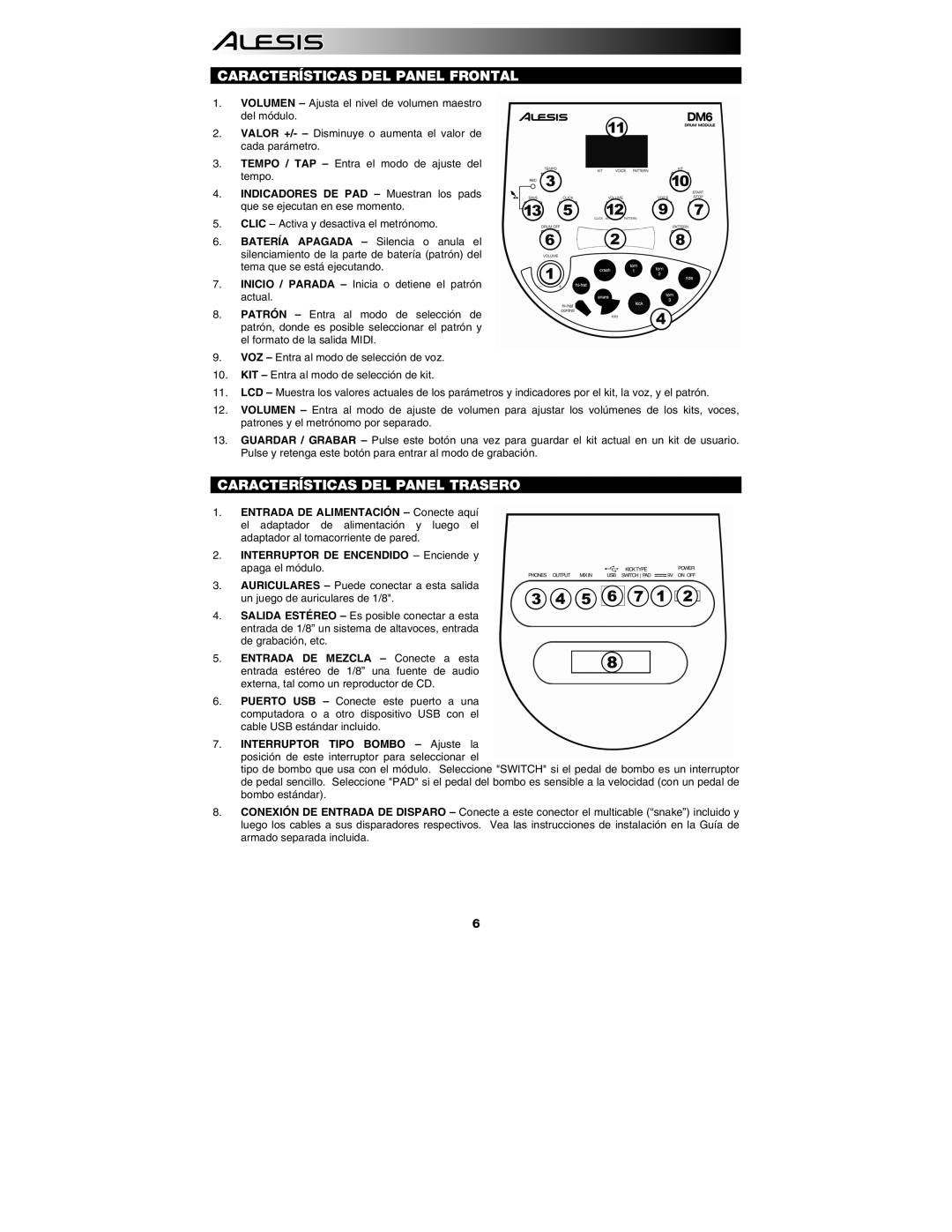 ION DM6 manual Características DEL Panel Frontal, Características DEL Panel Trasero 