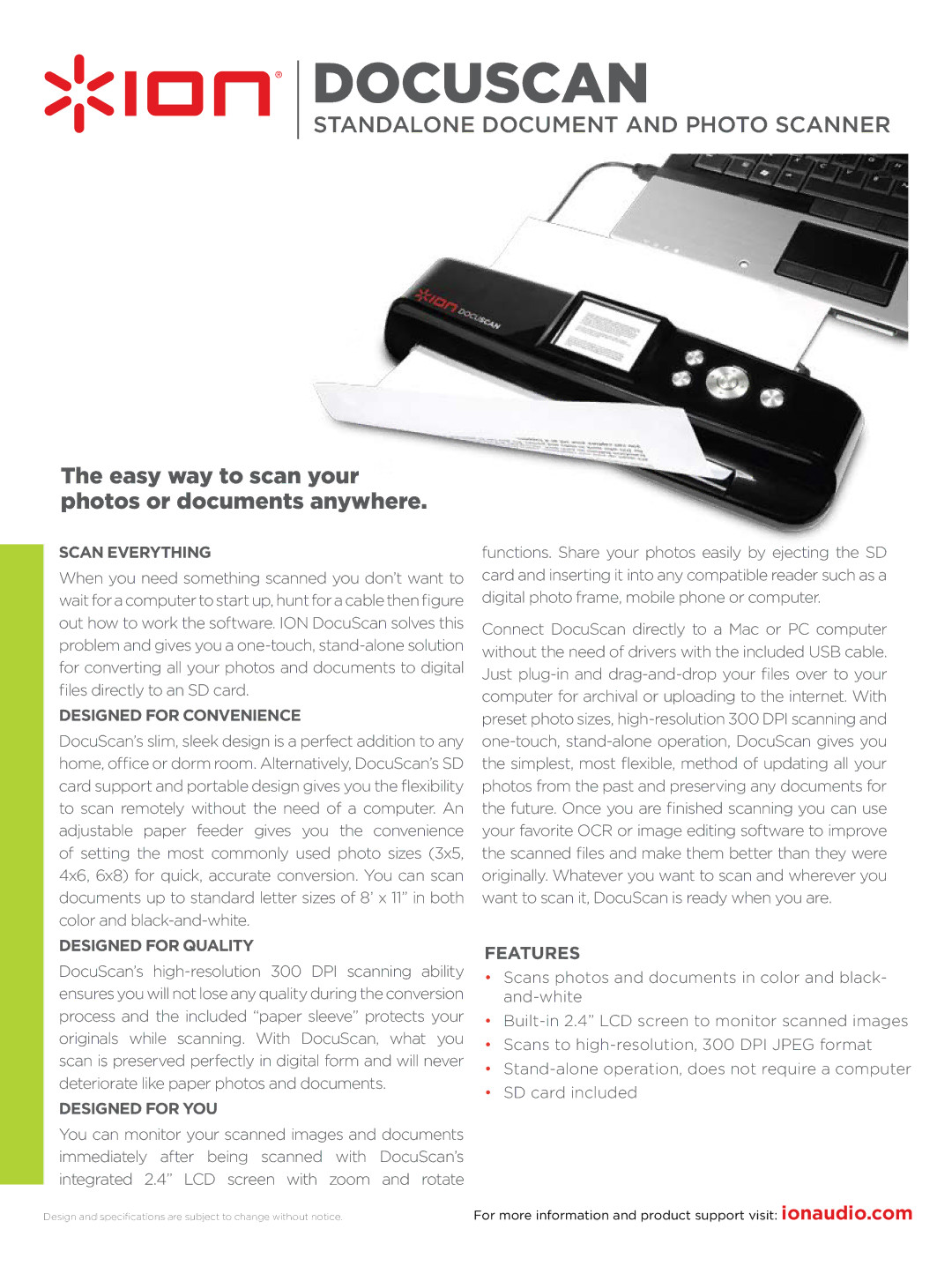 ION DocuScan specifications Easy way to scan your photos or documents anywhere, Features 