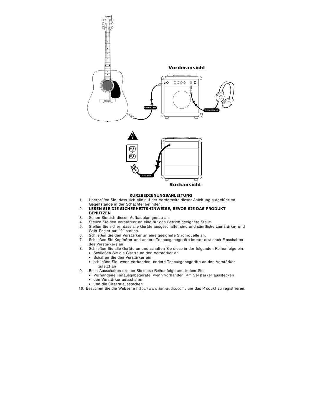 ION iAEG04c quick start Vorderansicht, Rϋckansicht, Kurzbedienungsanleitung 