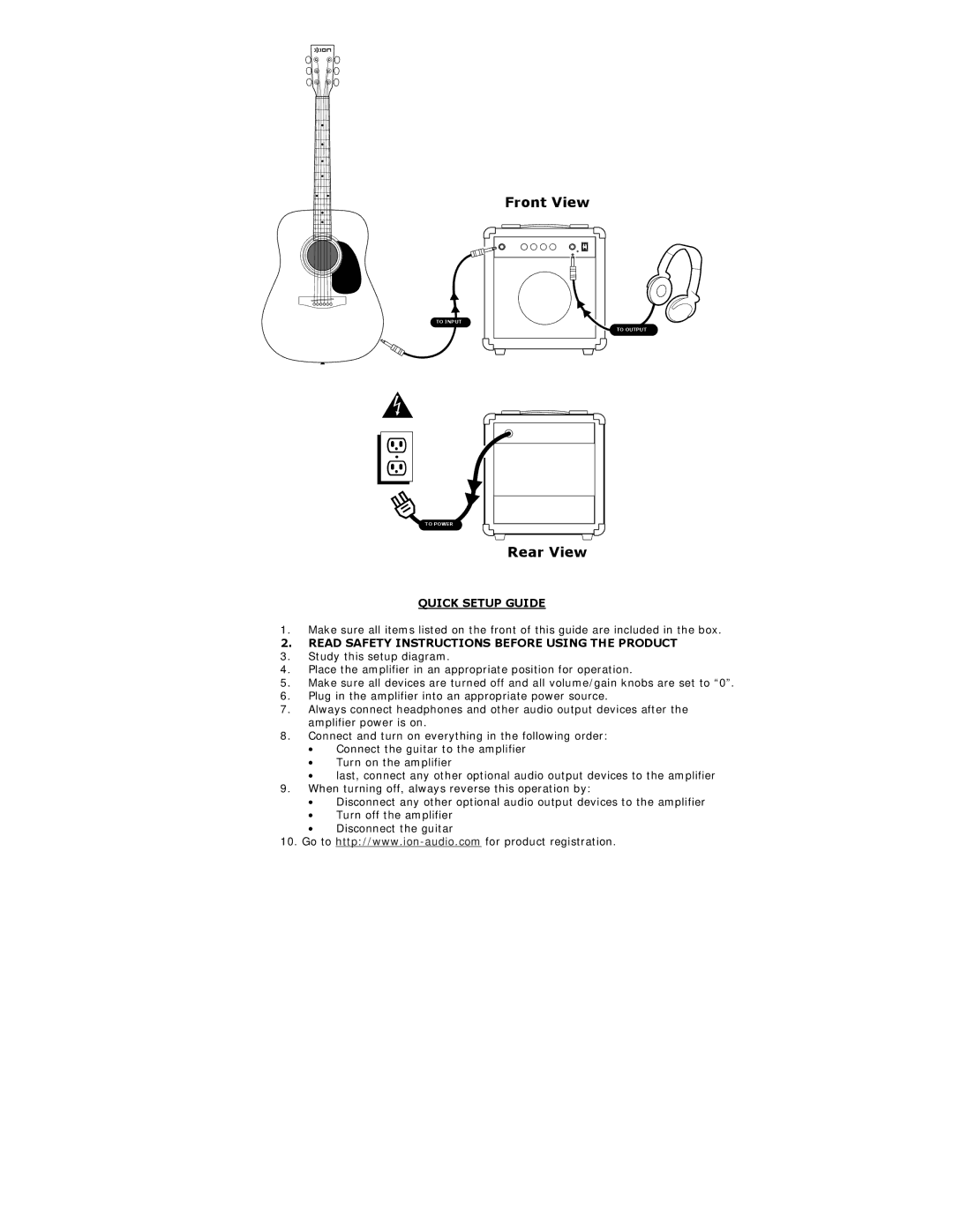 ION iAEG04c quick start Front View, Rear View, Quick Setup Guide, Read Safety Instructions Before Using the Product 