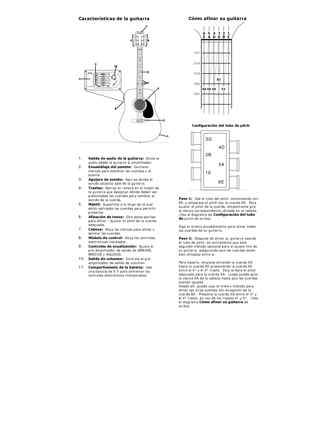 ION iAEG04c quick start Características de la guitarra, Cómo afinar su guitarra, Configuración del tubo de pitch 