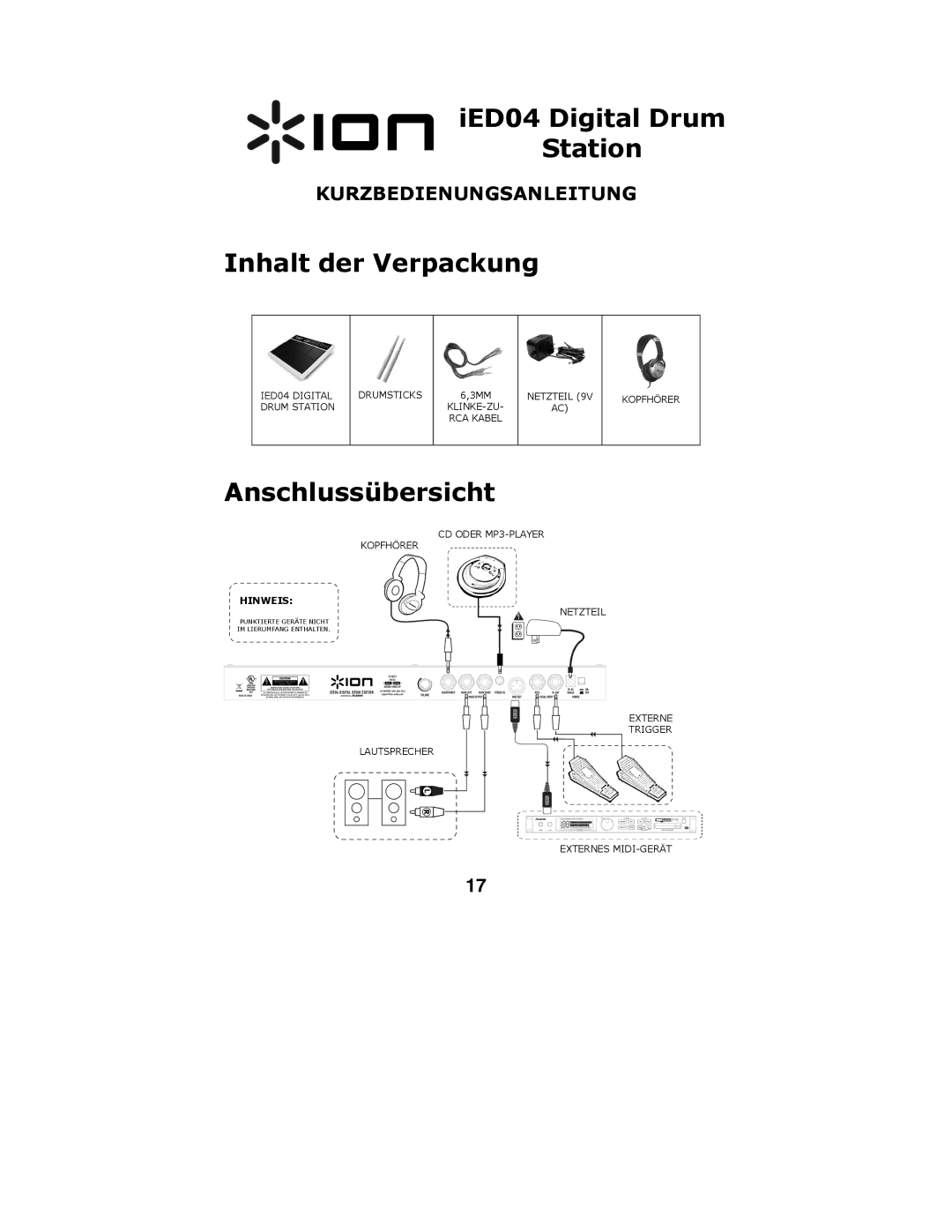 ION quick start IED04 Digital Drum Station, Inhalt der Verpackung, Anschlussübersicht 