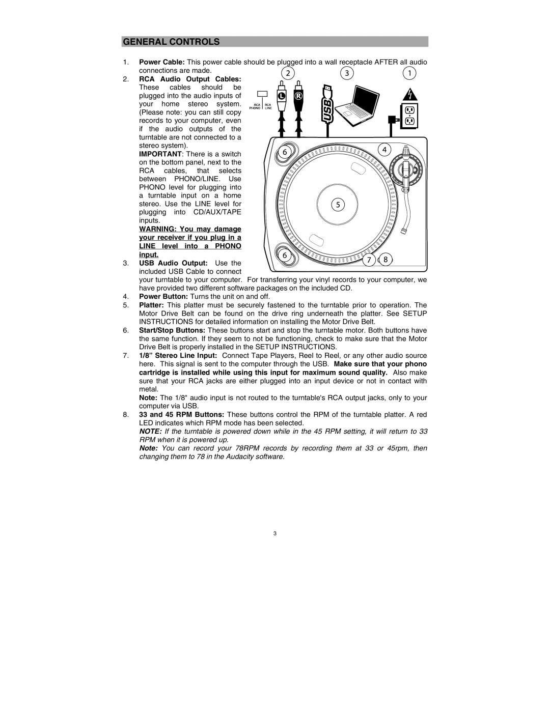 ION ION TTUSB quick start General Controls, RCA Audio Output Cables 