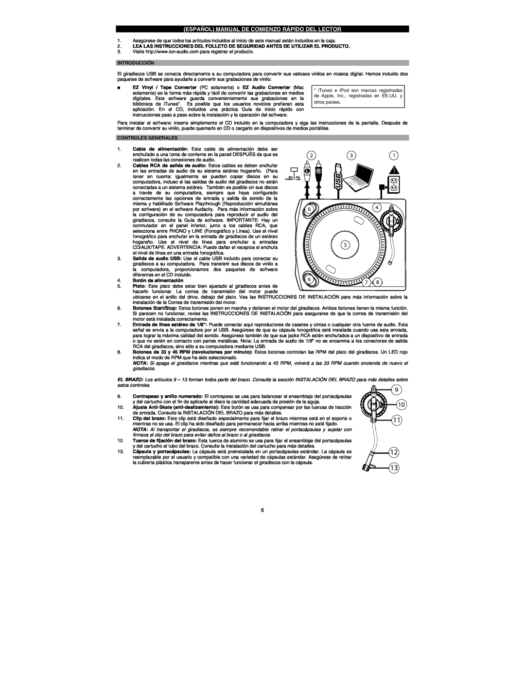 ION ION TTUSB Español Manual De Comienzo Rápido Del Lector, Introducción, Controles Generales, Botón de alimentación 