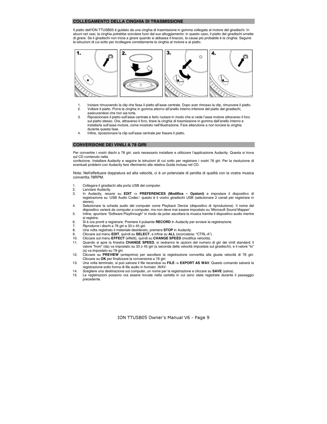 ION ION TTUSB05 quick start Collegamento Della Cinghia DI Trasmissione, Conversione DEI Vinili a 78 Giri 