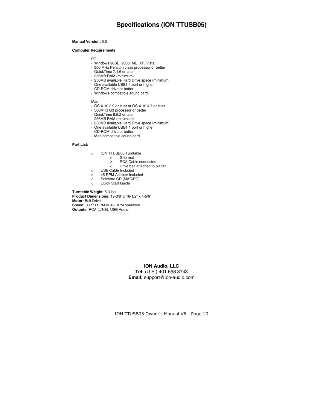 ION ION TTUSB05 quick start Manual Version Computer Requirements, Part List, Turntable Weight 5.3 lbs 