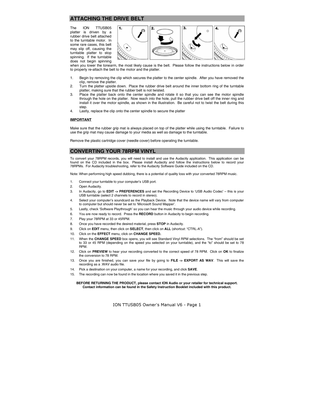 ION ION TTUSB05 quick start Attaching the Drive Belt 