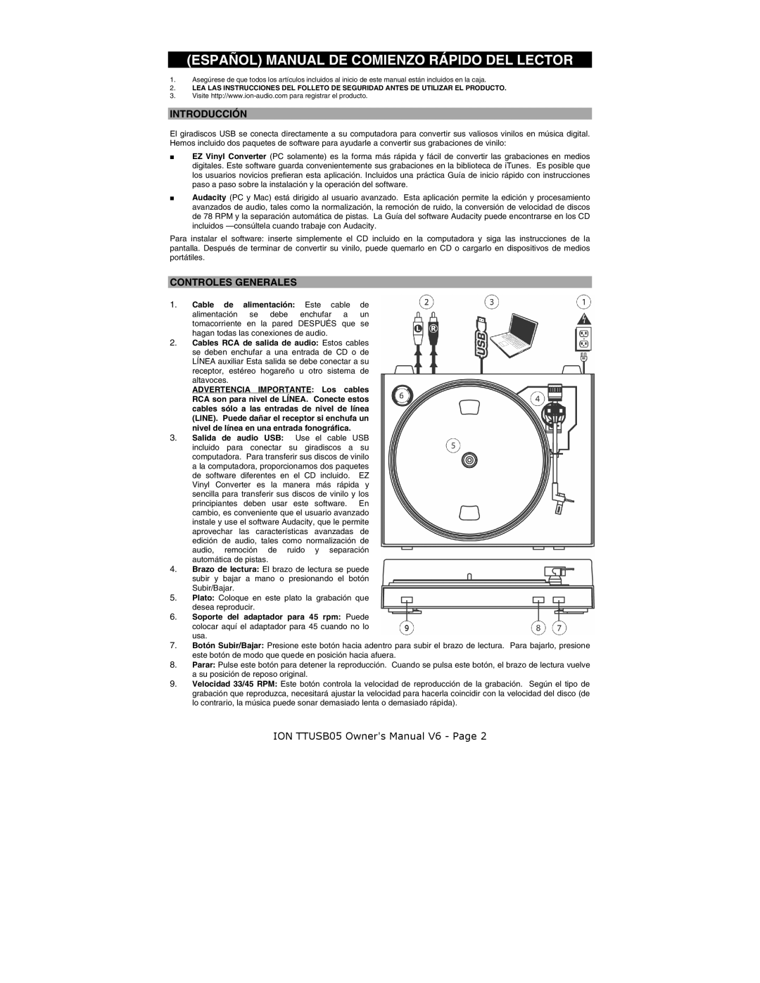 ION ION TTUSB05 quick start Introducción, Controles Generales 