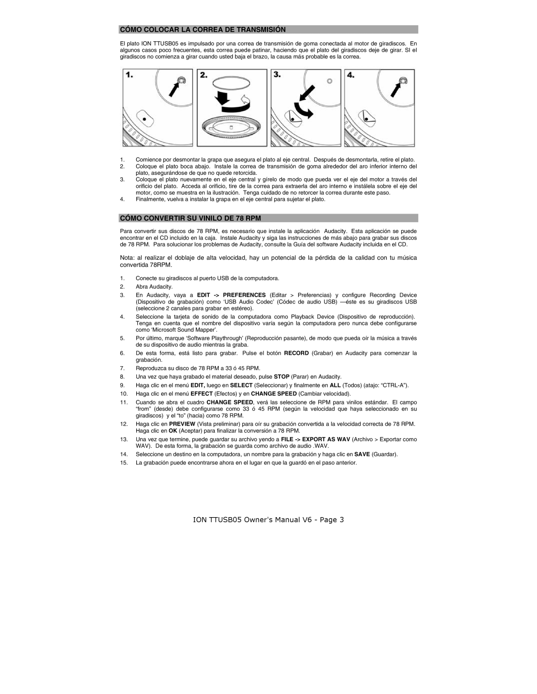 ION ION TTUSB05 quick start Cómo Colocar LA Correa DE Transmisión, Cómo Convertir SU Vinilo DE 78 RPM 