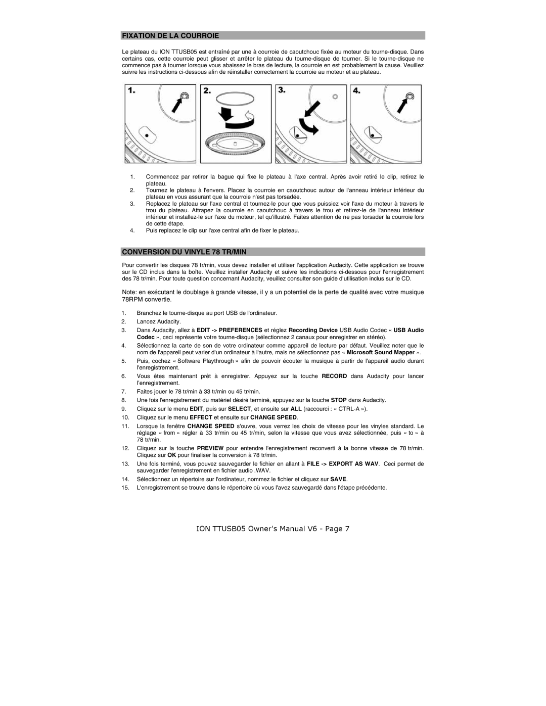 ION ION TTUSB05 quick start Fixation DE LA Courroie, Conversion DU Vinyle 78 TR/MIN 
