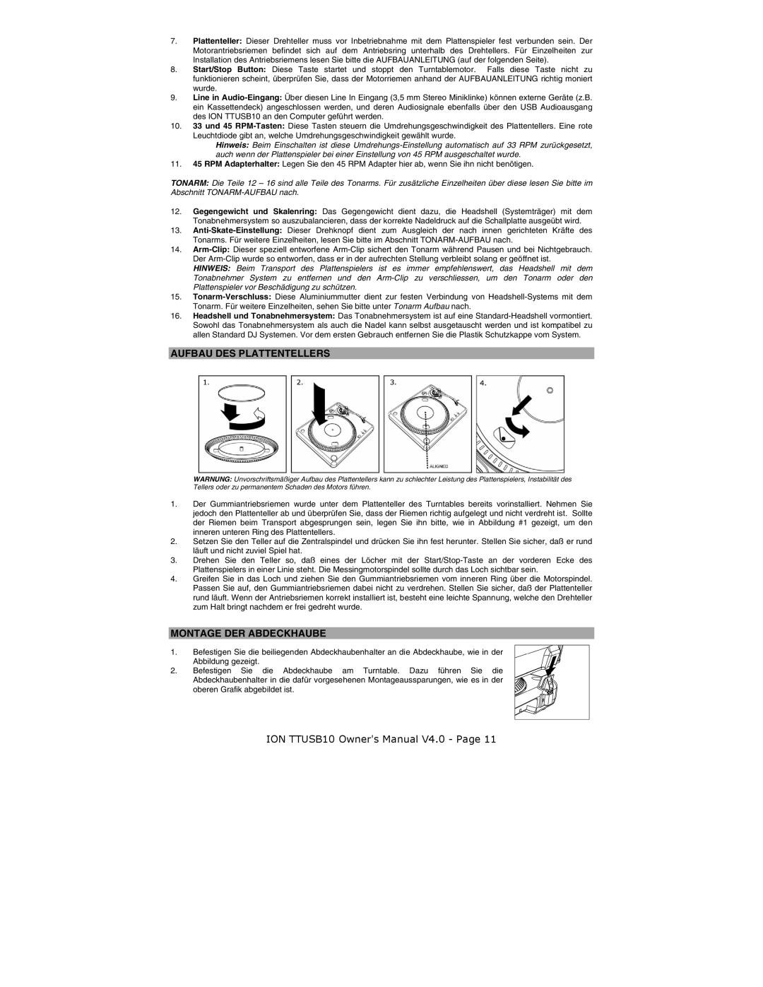 ION ION TTUSB10 quick start Aufbau DES Plattentellers, Montage DER Abdeckhaube 