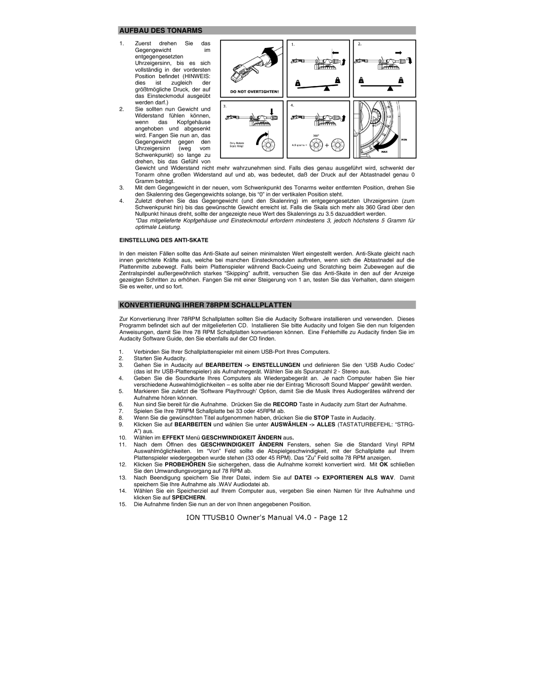 ION ION TTUSB10 quick start Aufbau DES Tonarms, Konvertierung Ihrer 78RPM Schallplatten, Einstellung DES ANTI-SKATE 