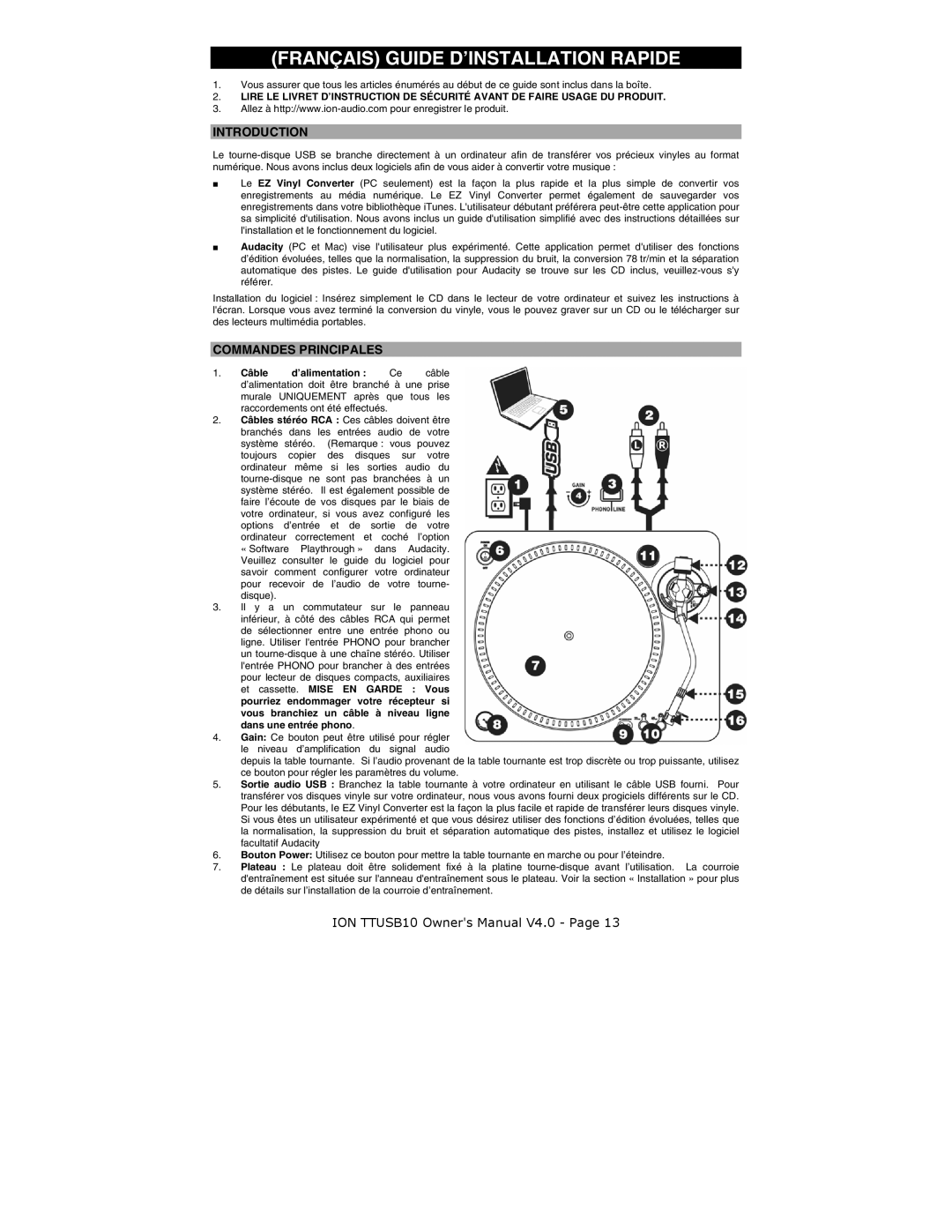 ION ION TTUSB10 quick start Introduction, Commandes Principales, Câble d’alimentation Ce câble 