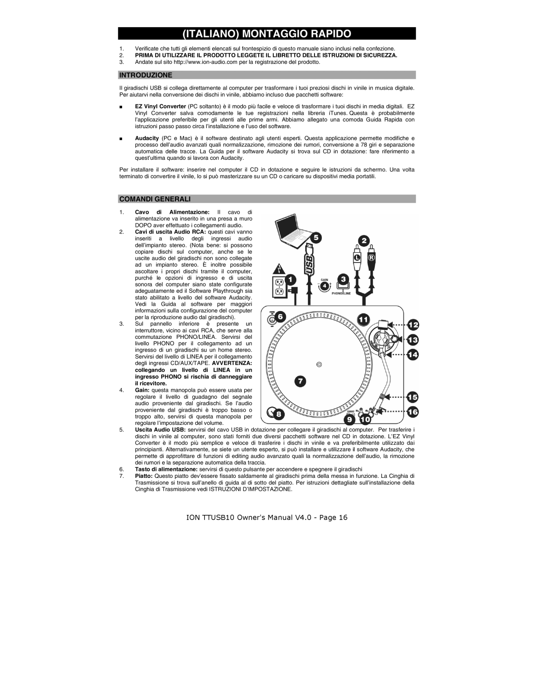 ION ION TTUSB10 quick start Introduzione, Comandi Generali 