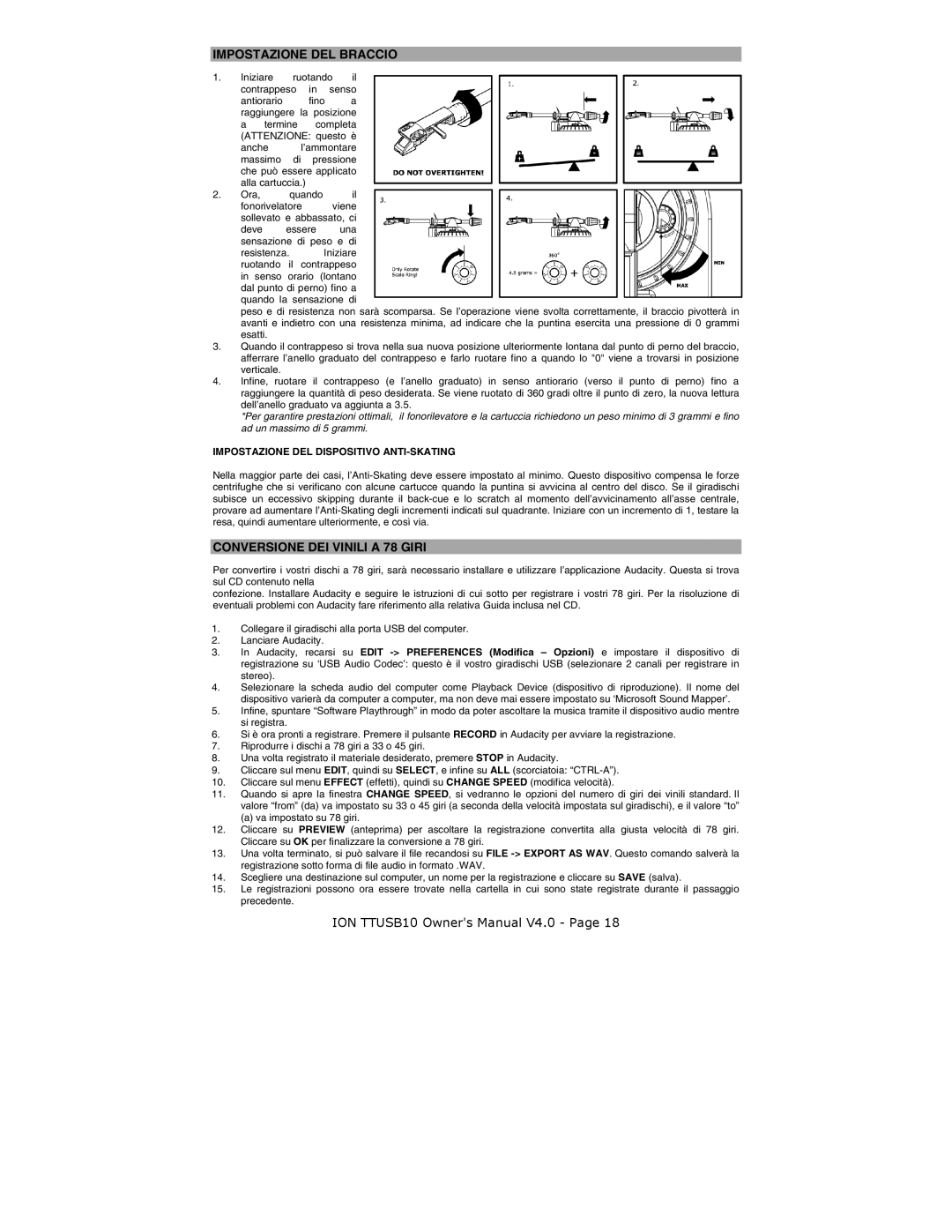 ION ION TTUSB10 Impostazione DEL Braccio, Conversione DEI Vinili a 78 Giri, Impostazione DEL Dispositivo ANTI-SKATING 