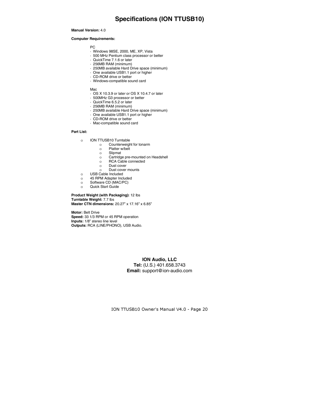 ION ION TTUSB10 quick start Manual Version Computer Requirements, Part List 