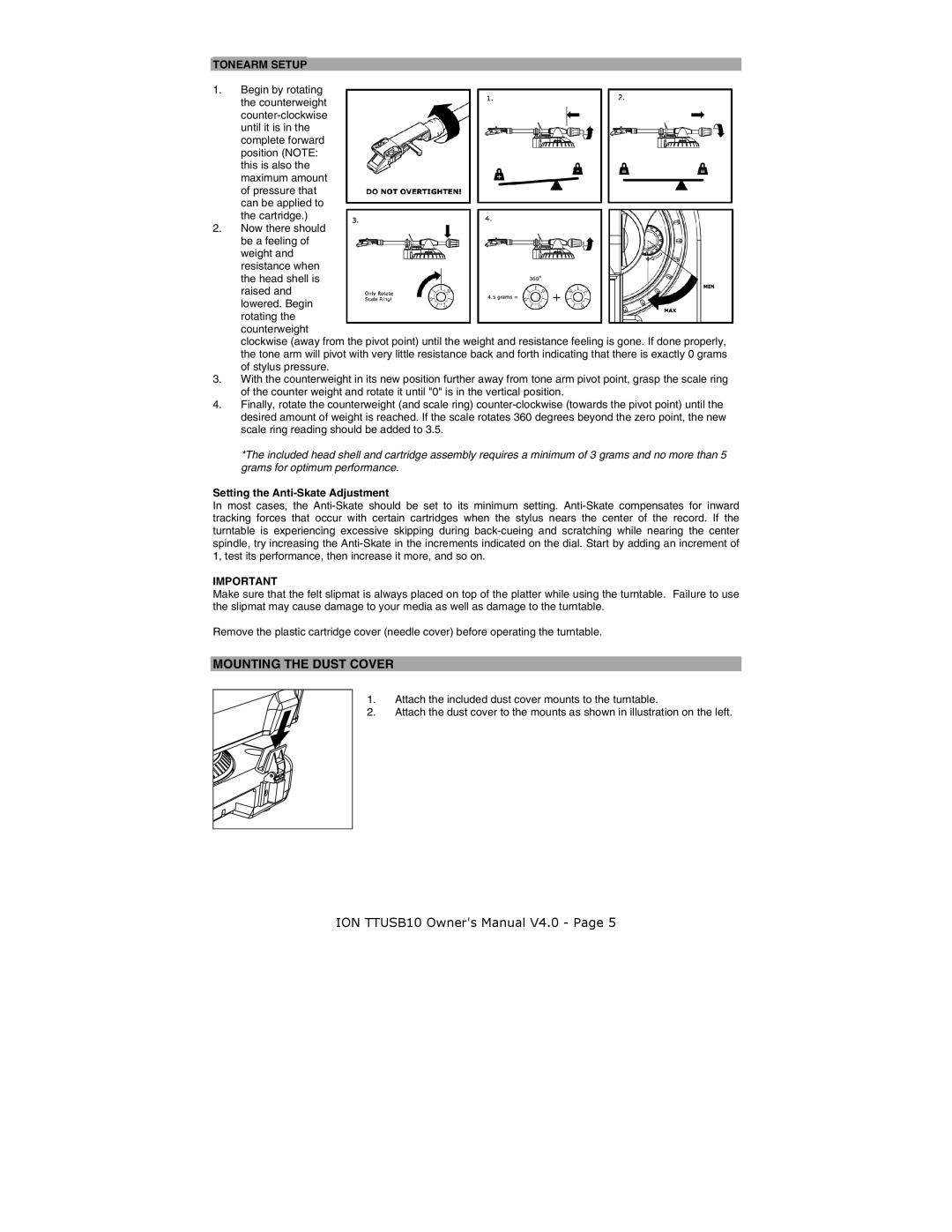 ION ION TTUSB10 quick start Mounting the Dust Cover, Tonearm Setup, Setting the Anti-Skate Adjustment 