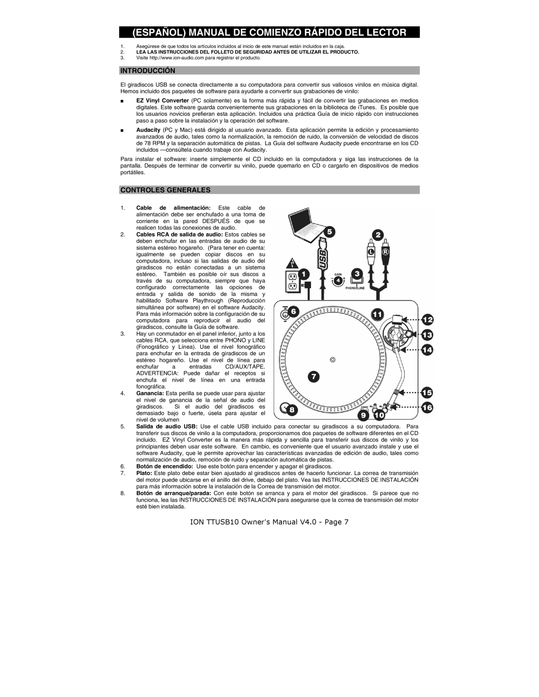 ION ION TTUSB10 quick start Introducción, Controles Generales 