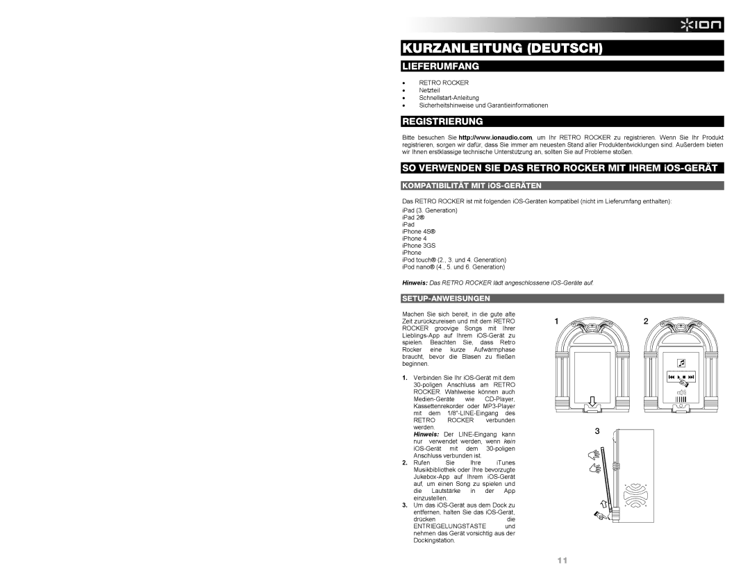 ION IPA30 Kurzanleitung Deutsch, Lieferumfang, Registrierung, SO Verwenden SIE DAS Retro Rocker MIT Ihrem iOS-GERÄT 