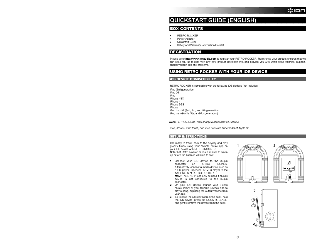 ION IPA30 quick start Quickstart Guide English, BOX Contents, Registration, Using Retro Rocker with Your iOS Device 