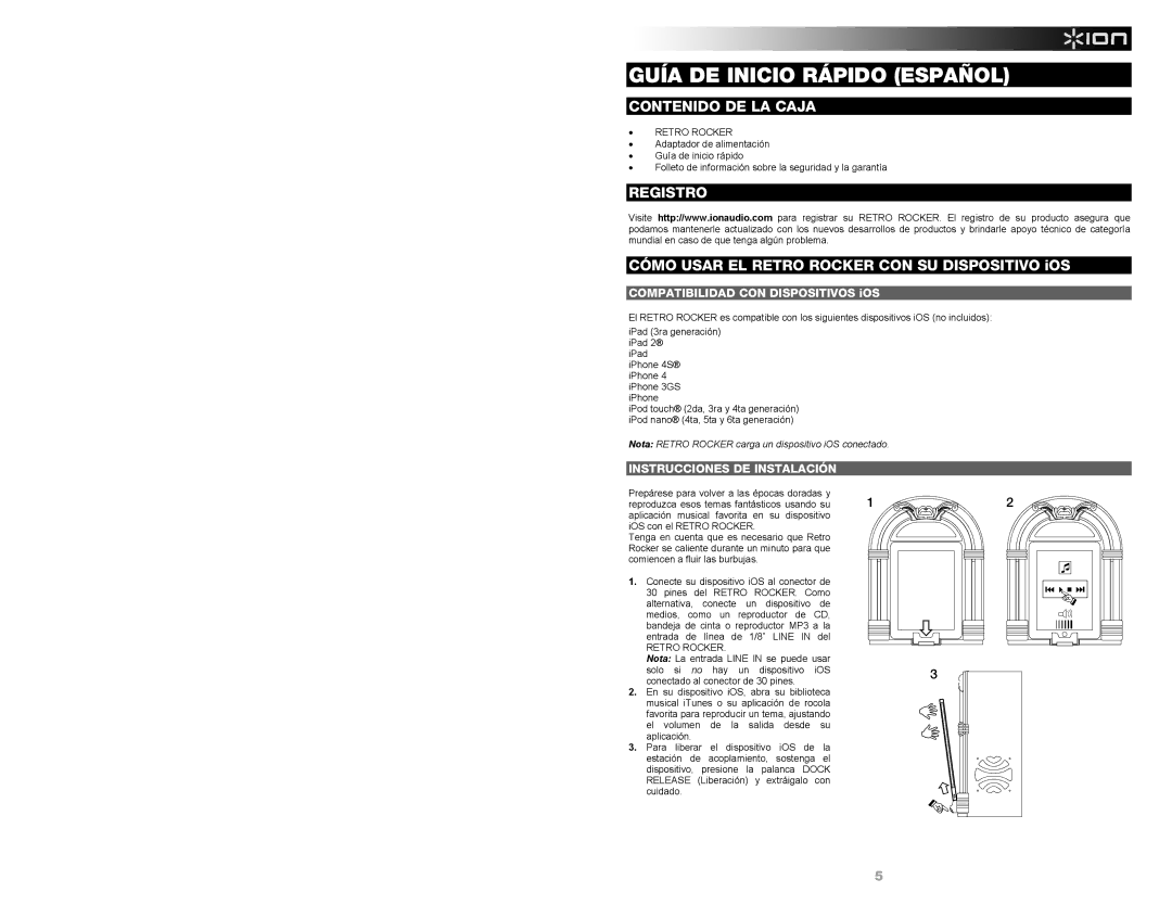 ION IPA30 Guía DE Inicio Rápido Español, Contenido DE LA Caja, Registro, Cómo Usar EL Retro Rocker CON SU Dispositivo iOS 