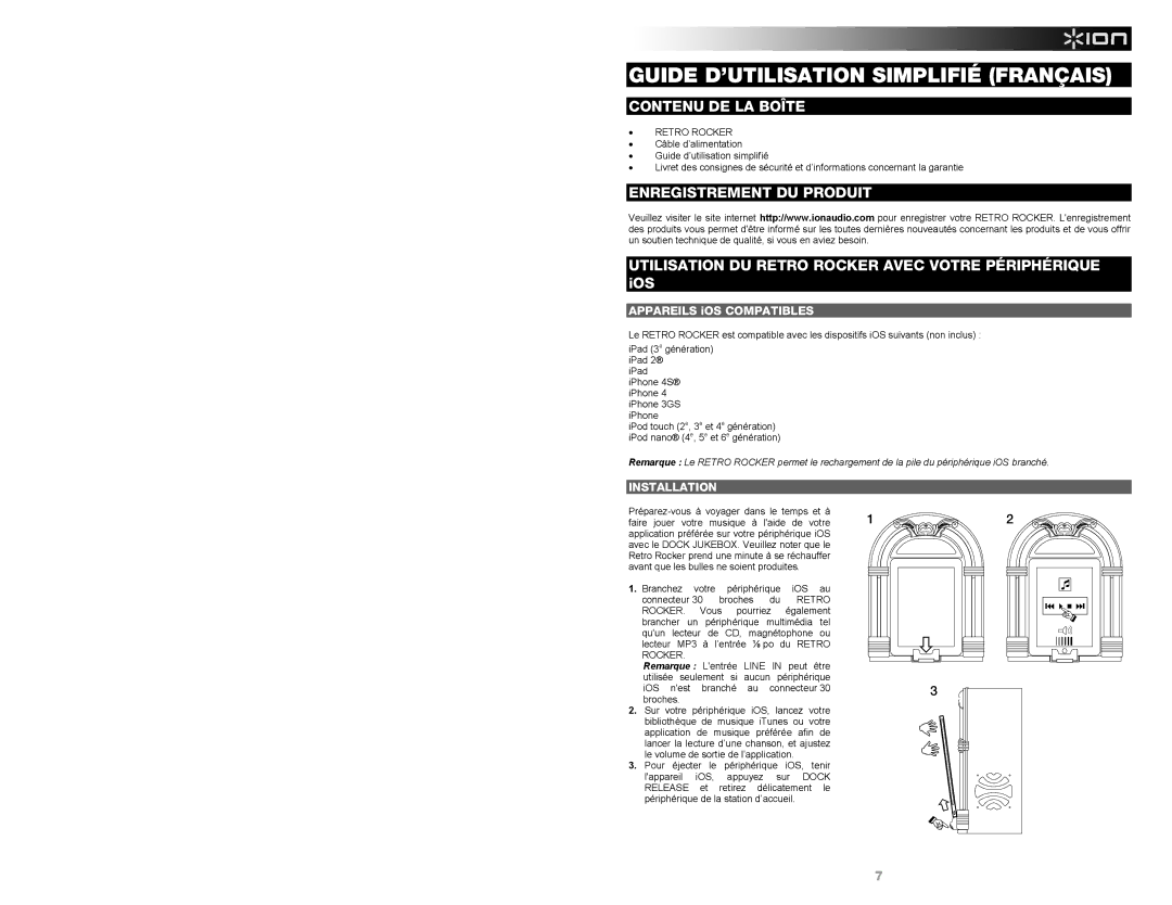 ION IPA30 quick start Guide D’UTILISATION Simplifié Français, Contenu DE LA Boîte, Enregistrement DU Produit, Installation 