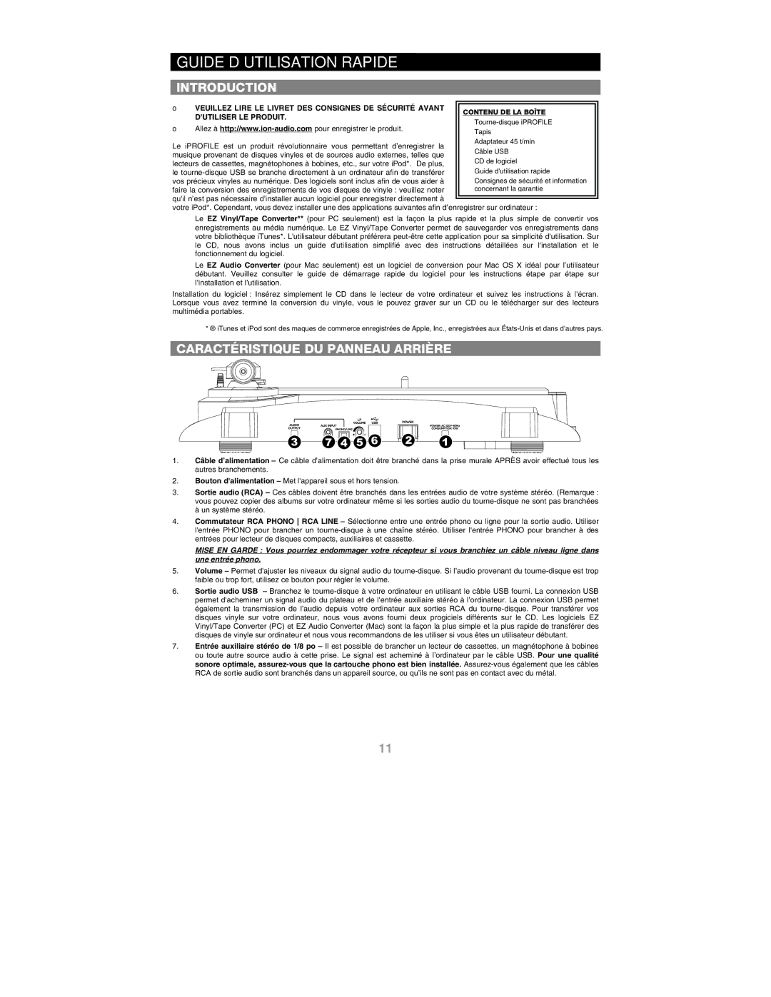 ION IPROFILE quick start Guide D’UTILISATION Rapide, Caractéristique DU Panneau Arrière 