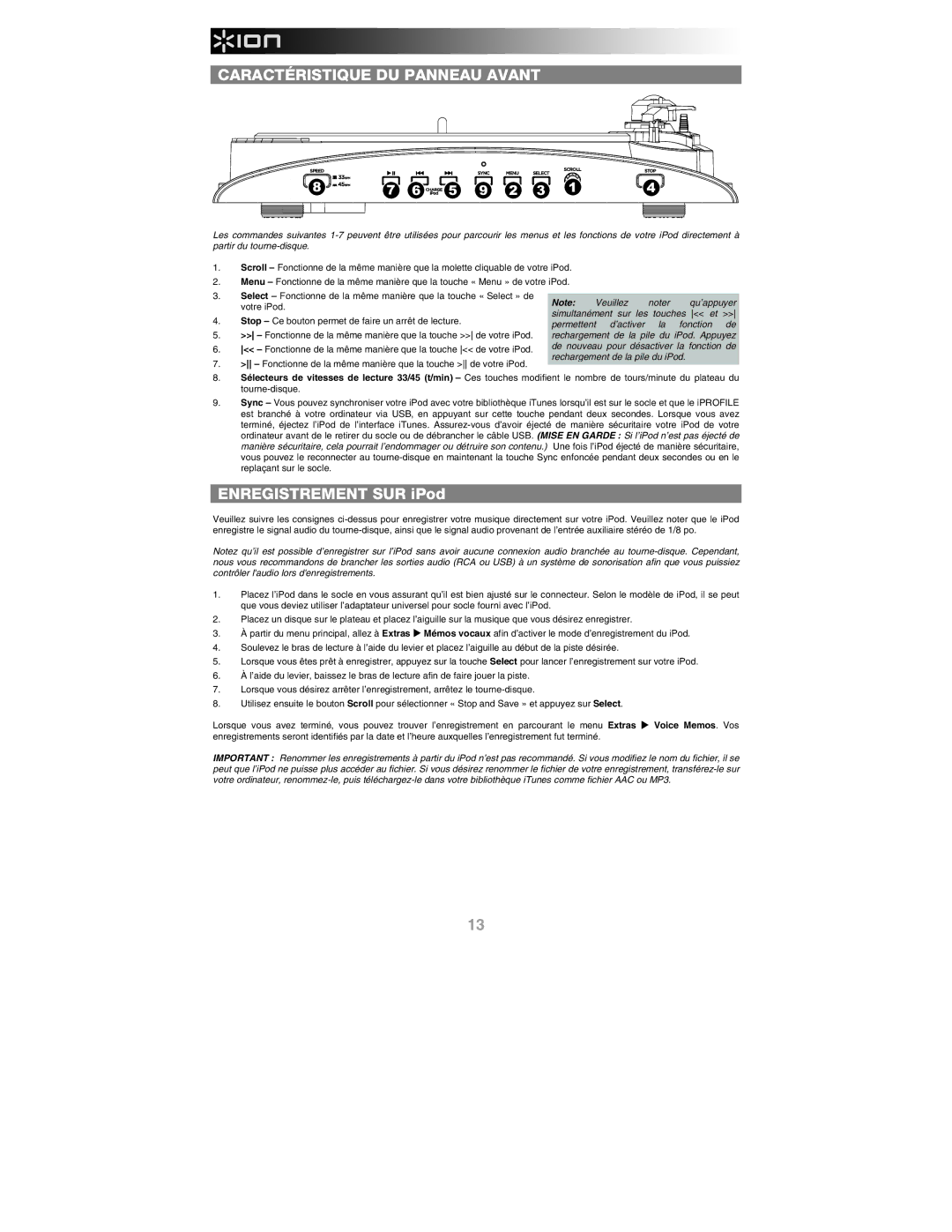 ION IPROFILE quick start Caractéristique DU Panneau Avant, Enregistrement SUR iPod, Voice Memos. Vos 