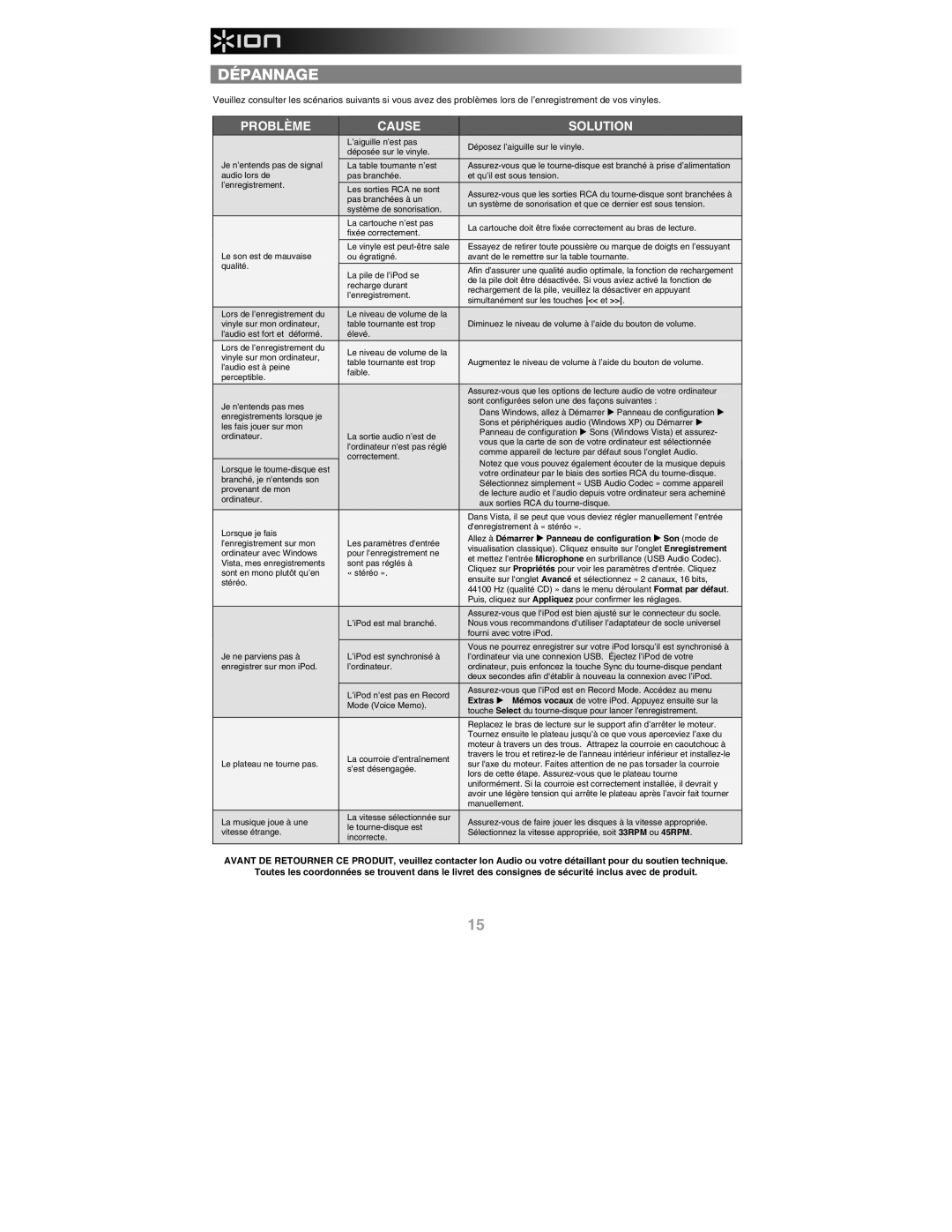 ION IPROFILE quick start Dépannage, Problème Cause Solution, Allez à Démarrer Panneau de configuration Son mode de, Extras 