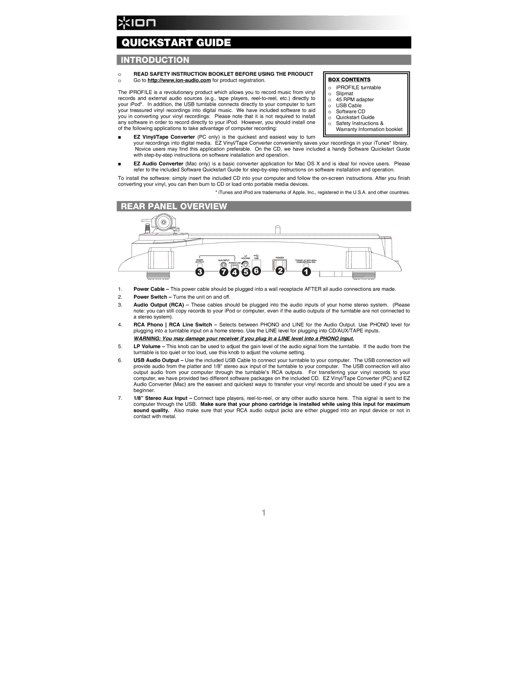 ION IPROFILE quick start Quickstart Guide, Introduction, Rear Panel Overview, BOX Contents 