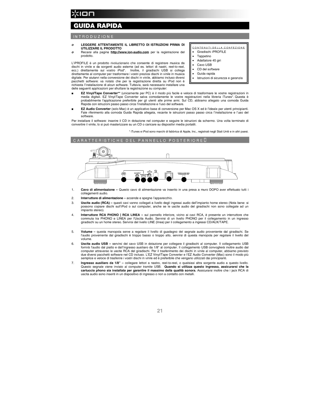 ION IPROFILE quick start Guida Rapida, Introduzione, Caratteristiche DEL Pannello Posteriore, Contenuti Della Confezione 